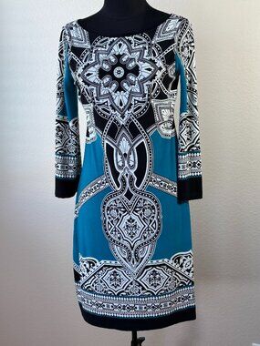 Enfocus Studio Teal Baroque Print Sheath Dress Size 6 3/4 Sleeve
